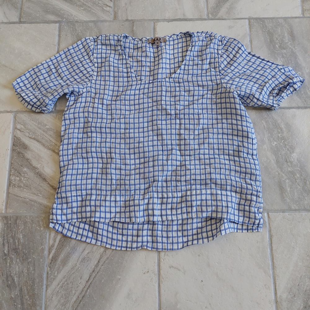 Flax Blue and White Checkered Blouse Medium 100% Linen